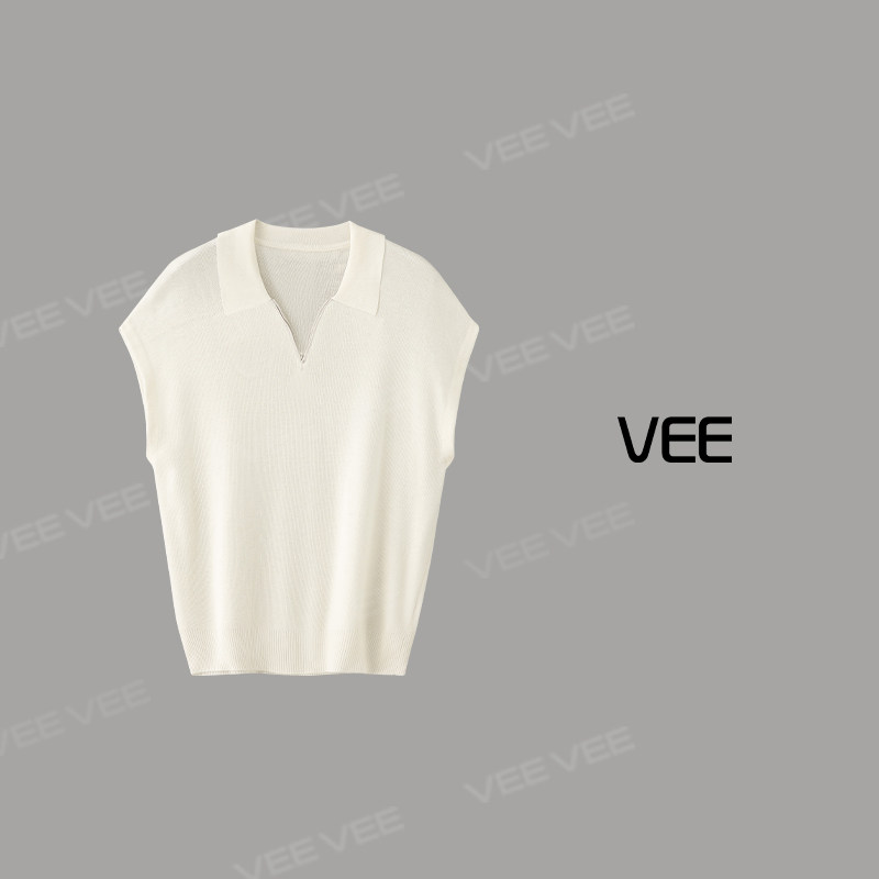 VEE【冷静】休闲半开拉链小飞袖针织短袖t恤女夏2026新款套头上衣
