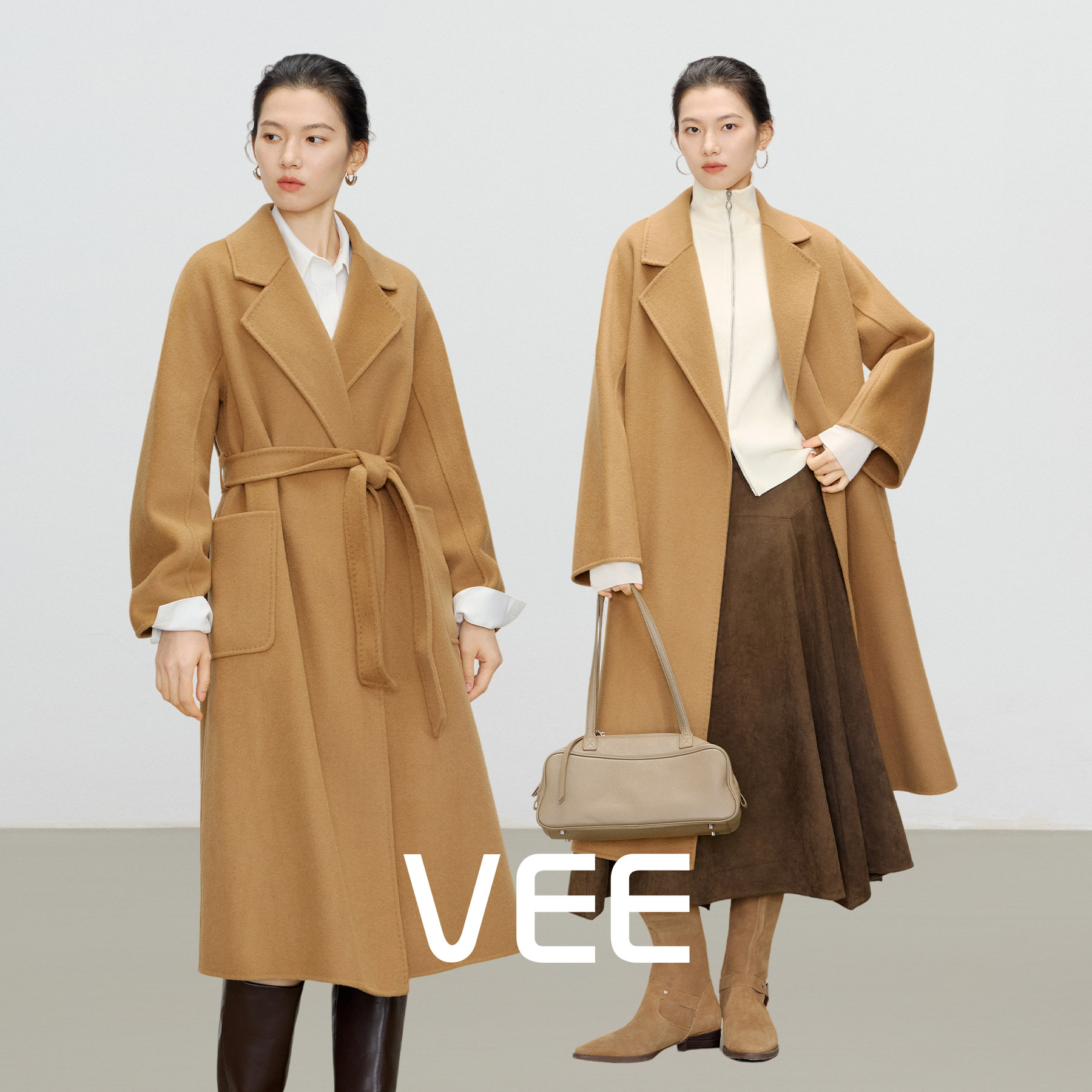 VEE【都市主角】经典大衣女款2025新款双面绵羊毛手缝毛呢外套女