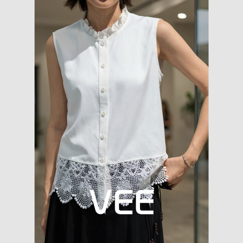 荷叶领蕾丝拼接百搭无袖衬衫女