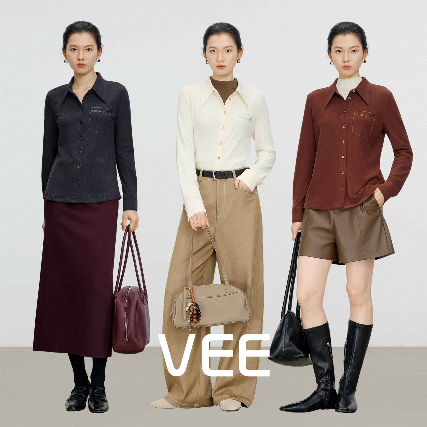 VEE【自由简意】翻领磨毛弹力长袖衬衫女冬季新款外穿打底上衣