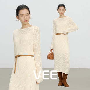VEE【月光署名】冬装新款针织蕾丝连衣裙优雅长裙（送腰带吊带）