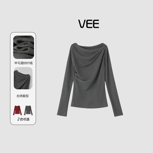 VEE【约会宝典】冬装新款显瘦优雅不规则短款长袖针织衫毛衫上衣