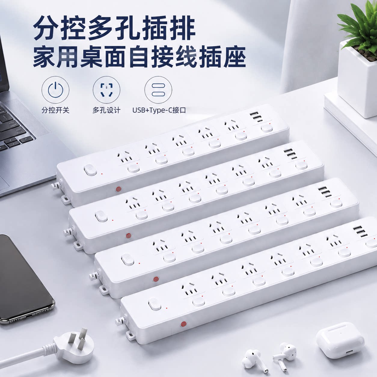 官方公矢不带线分控插排插线板独立开关家用桌面USB插座自接线过图片
