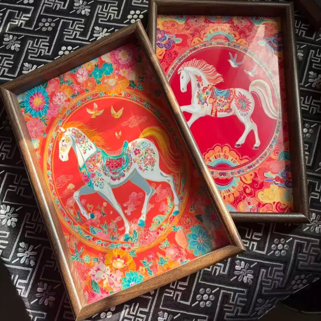 中式马上有钱托盘新年客厅桌面水杯杂物收纳木质盘复古高级感茶盘