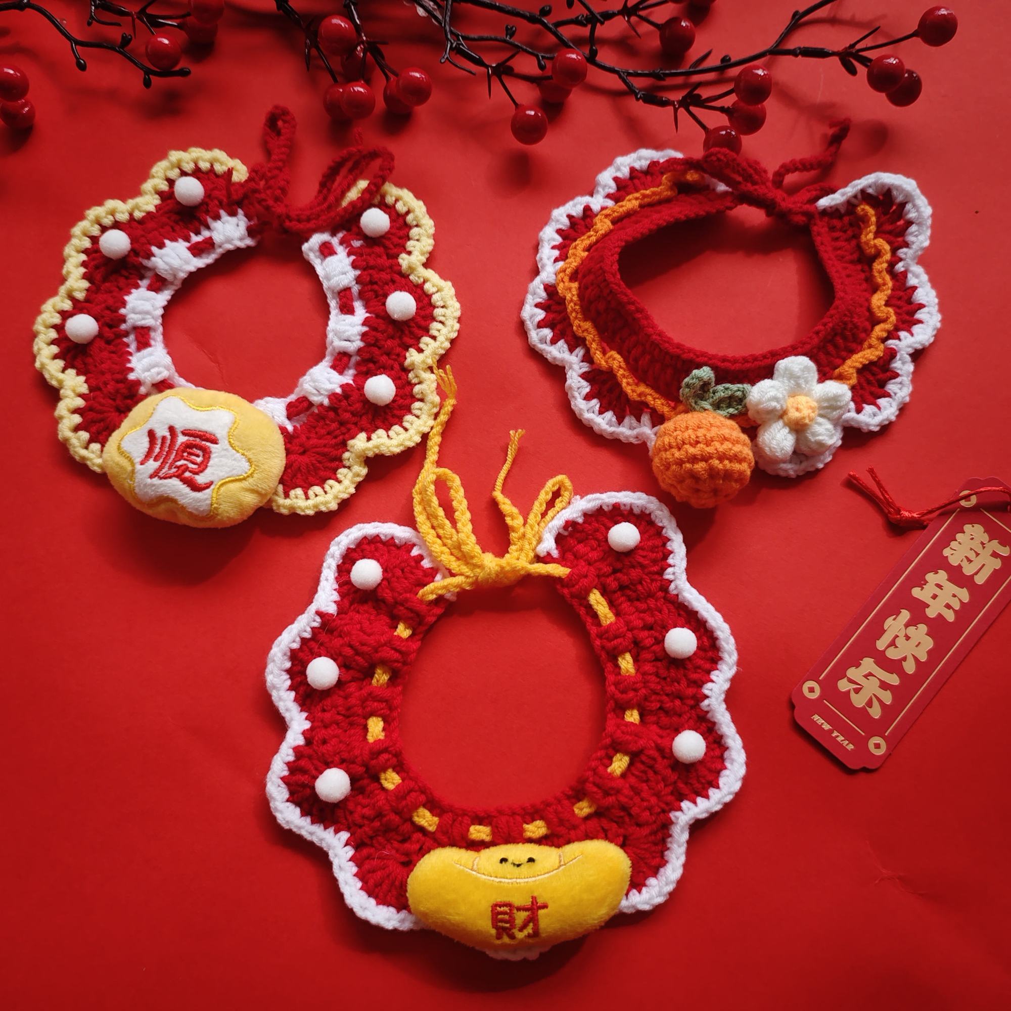 新年喜庆猫咪针织围脖饰品口水巾