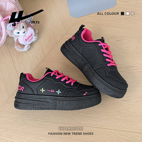 低帮刺绣松糕底回力板鞋系带新款高颜值秋季女鞋时尚黑色保暖鞋子