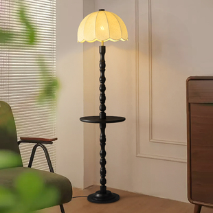 复古实木边几落地灯中古客厅置物架一体氛围台灯卧室床头柜立式灯
