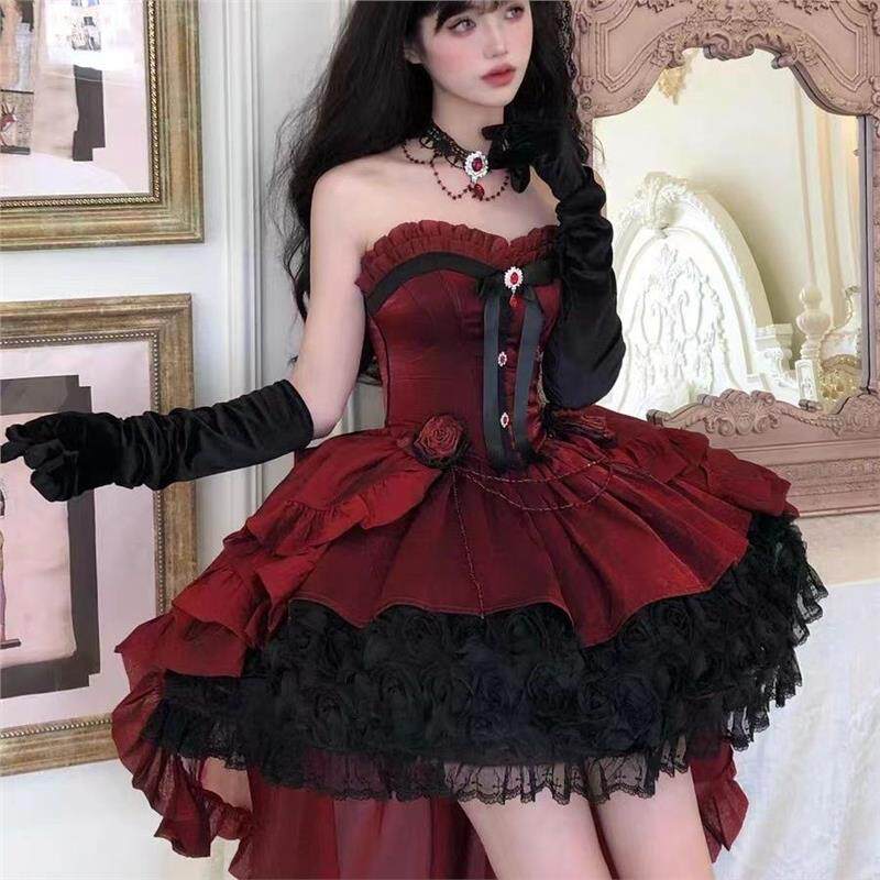 哥特风玫瑰星云红Lolita裙装晚礼服女生日成人礼拖尾洛丽塔公主裙