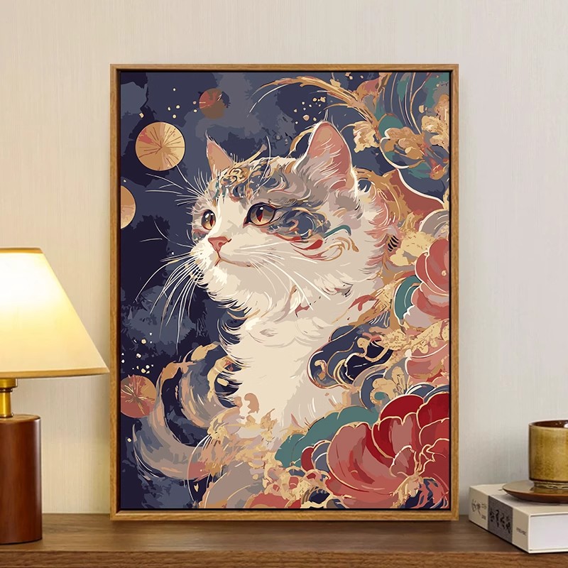 敦煌猫咪新中式装饰画成品仿油画国潮小众高级感卧室客厅古风挂画图片
