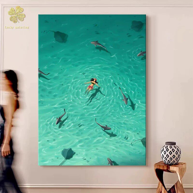 夏日海洋人物装饰画仿油画风景成品唯美简约小清新卧室客厅摆挂画