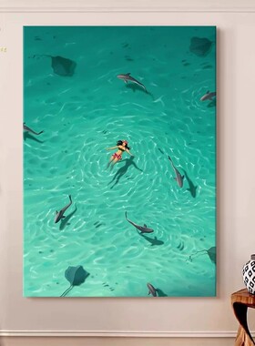 夏日海洋人物装饰画仿油画风景成品唯美简约小清新卧室客厅摆挂画