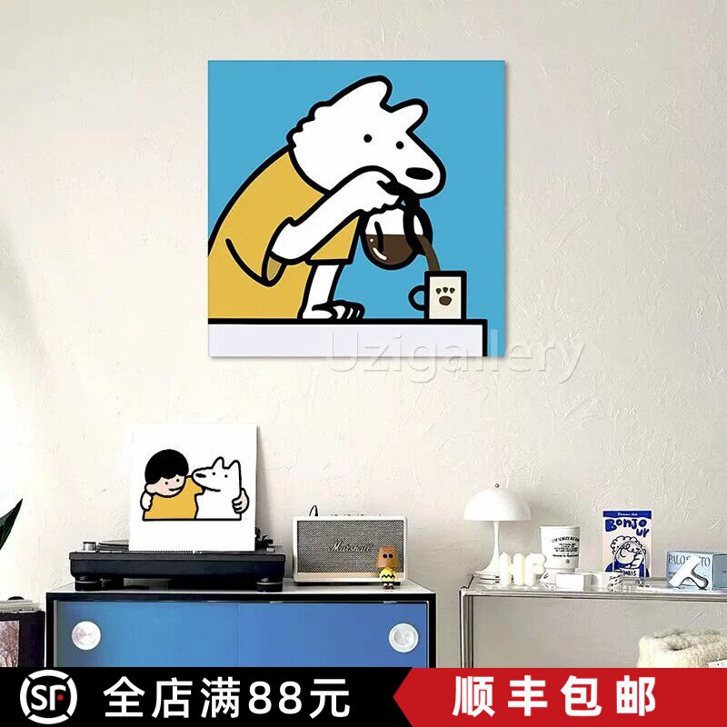 蓝色小狗网红装饰画创意卡通趣味小众艺术方形餐厅卧室客厅摆挂画