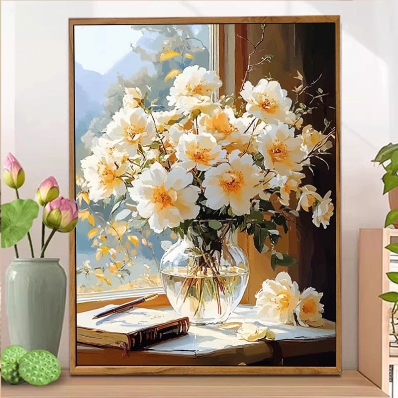 窗台花瓶成品装饰画仿油画风景唯美治愈高级感花卉卧室客厅摆挂画图片