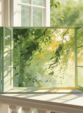 窗外绿意装饰画横版仿油画光影植物唯美小众高级感卧室客厅摆挂画