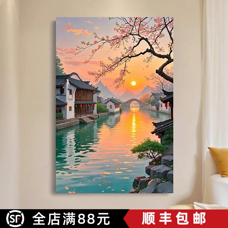 暮色染巷江南建筑装饰画成品仿油画风景唯美治愈系卧室客厅摆挂画