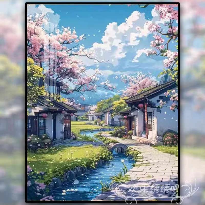 江南风光卡通中式装饰画成品仿油画风景唯美高级感卧室客厅摆挂画