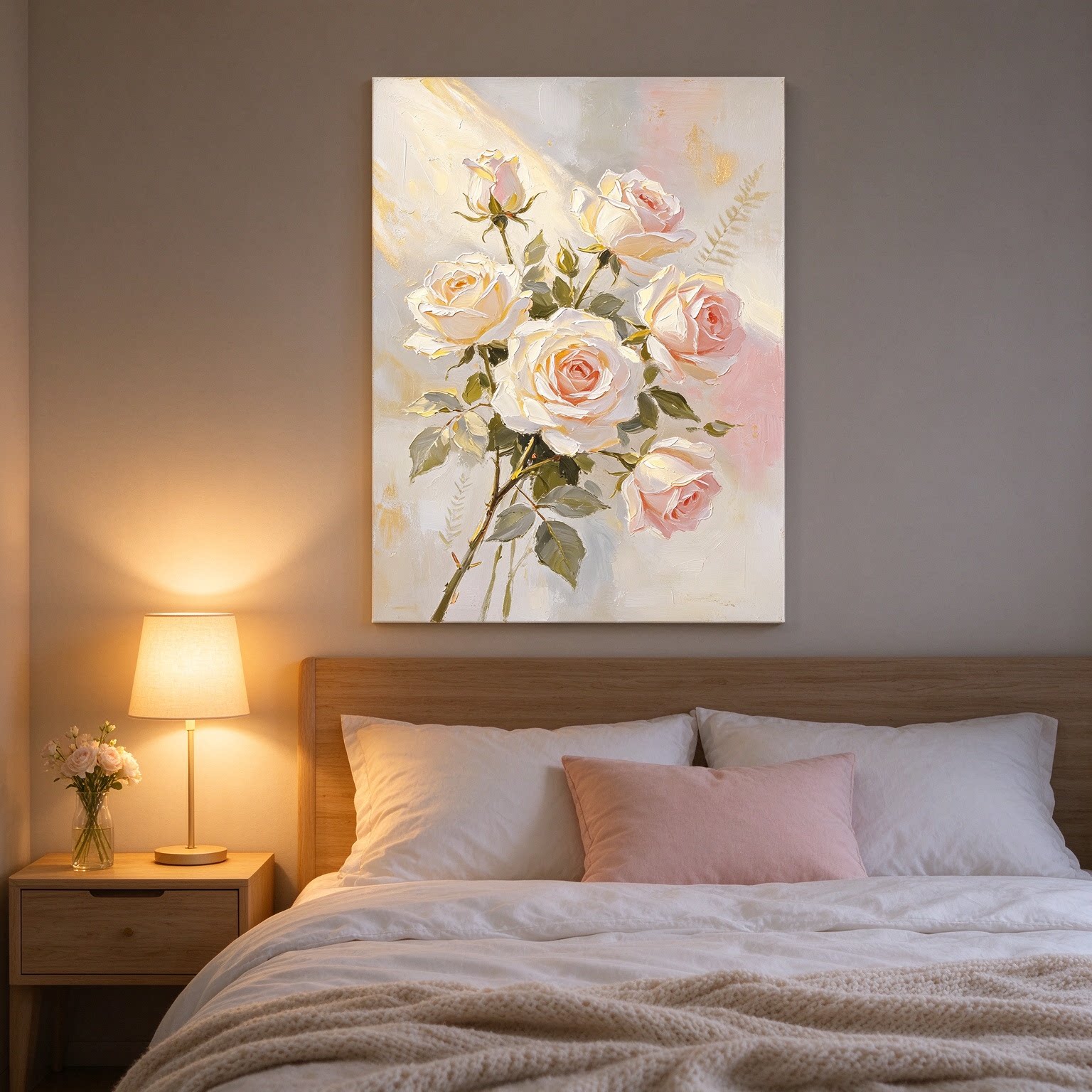 红白粉色玫瑰花卉装饰画仿油画唯美治愈浪漫高级感卧室客厅摆挂画