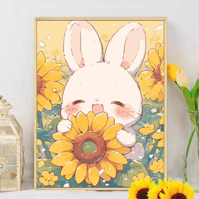 向日葵花卉小兔子装饰挂画成品卡通可爱温馨治愈唯美儿童卧室摆画图片