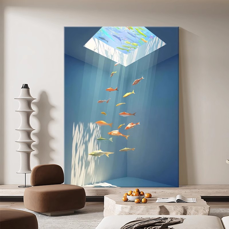 透过光的鱼北欧风装饰画仿油画风景成品高级感艺术卧室客厅摆挂画图片