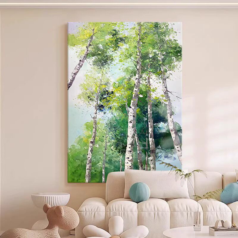 绿色植物白桦树装饰画成品仿油画风景高级感小众玄关卧室客厅挂画
