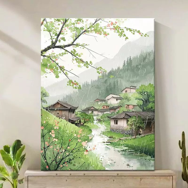清幽古屋中国风装饰画古风农村田园唯美治愈氛围感卧室客厅摆挂画