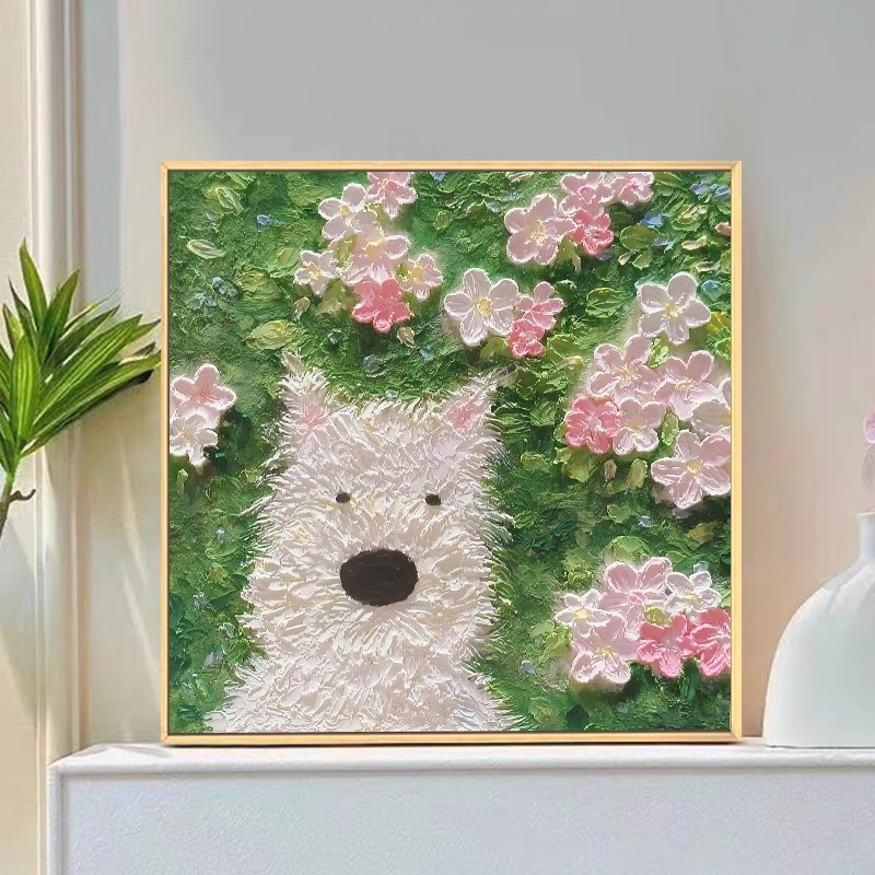 可爱小狗装饰画卡通仿肌理油画风狗狗治愈成品喷印卧室客厅摆挂画