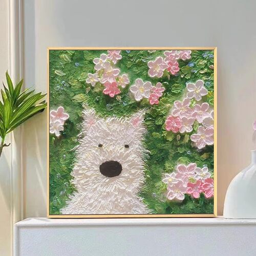 可爱小狗装饰画卡通仿肌理油画风狗狗治愈成品喷印卧室客厅摆挂画