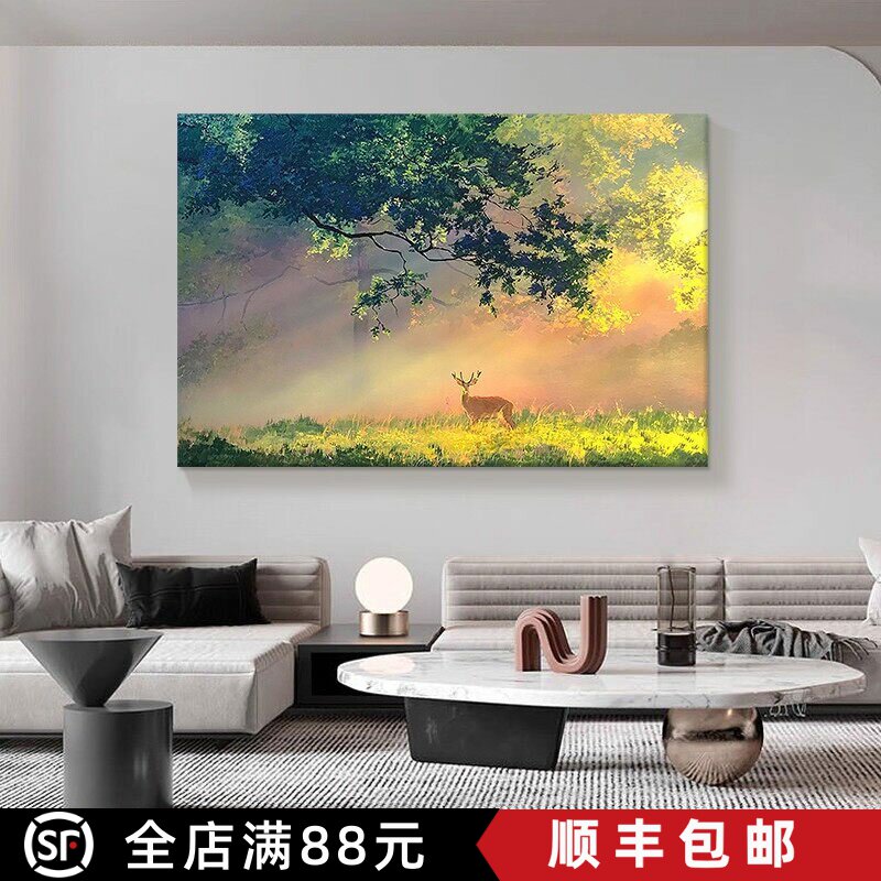 林深时见鹿装饰画成品仿油画风景横版唯美高级感玄关卧室客厅挂画
