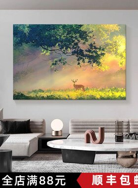 林深时见鹿装饰画成品仿油画风景横版唯美高级感玄关卧室客厅挂画
