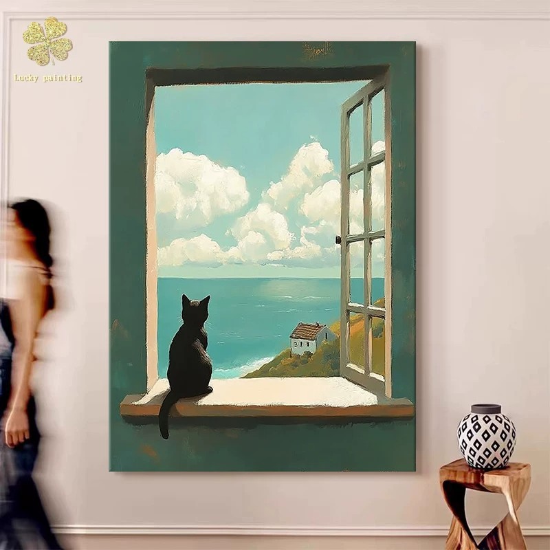 窗台猫咪大海装饰画仿油画简约唯美小众艺术高级感卧室客厅摆挂画