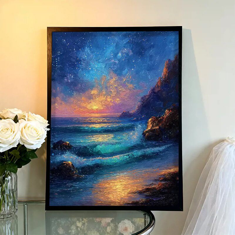 星空海景梦幻装饰画成品仿油画风景唯美治愈高级感卧室客厅摆挂画
