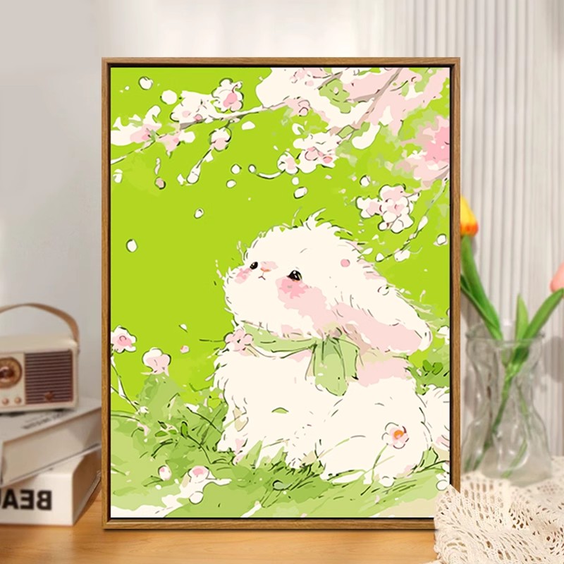 可爱小白兔子成品装饰画风油画风景绿色卡通温馨卧室儿童房摆挂画图片