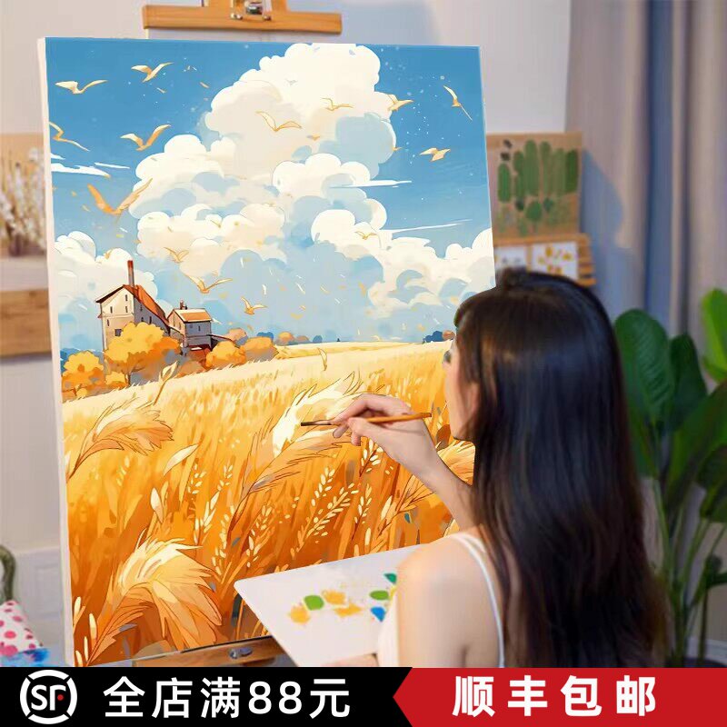 秋天稻田装饰画成品仿油画风景唯美治愈中式高级感卧室客厅摆挂画