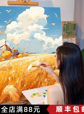 秋天稻田装饰画成品仿油画风景唯美治愈中式高级感卧室客厅摆挂画