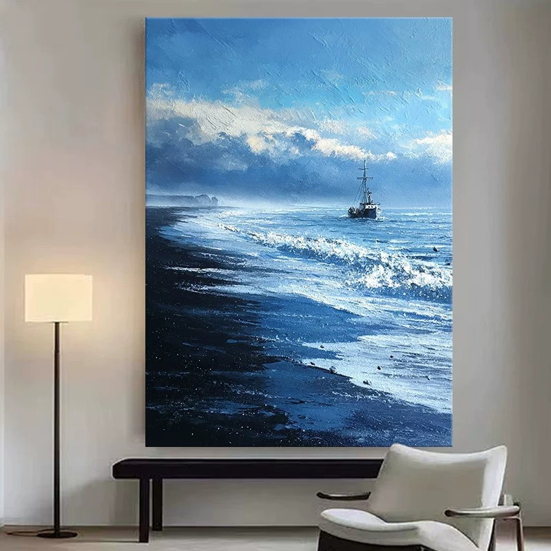 海上帆船小众装饰画简约仿油画喷绘艺术唯美高级感卧室客厅摆挂画