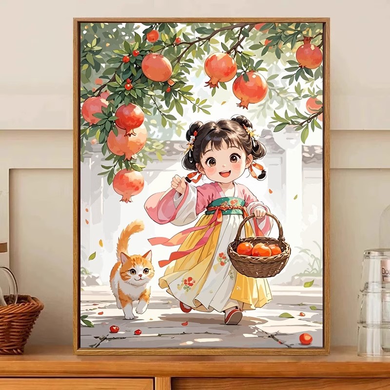 新中式石榴女孩古装成品装饰画仿油画人物唯美可爱卧室客厅摆挂画图片