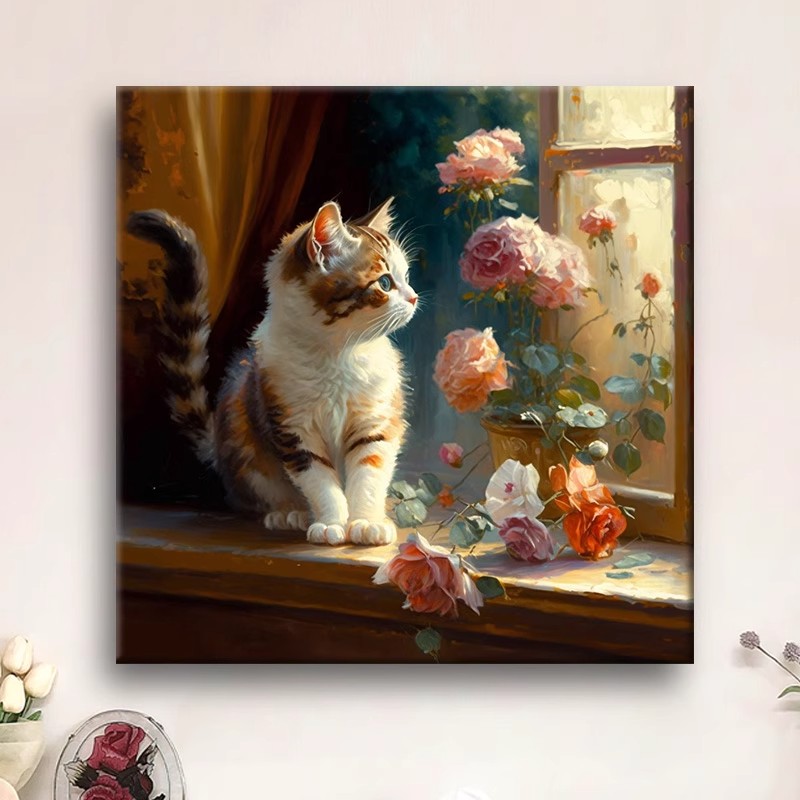 治愈系油画风小猫玫瑰装饰挂画写实成品喷印客厅卧室书房可爱古典图片