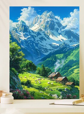 宫崎骏的夏天田园雪山草地装饰画唯美清新治愈风景卧室客厅摆挂画