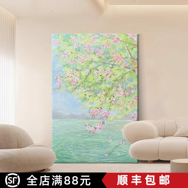 春天桃花装饰画成品仿油画风景唯美治愈清新高级感卧室客厅摆挂画