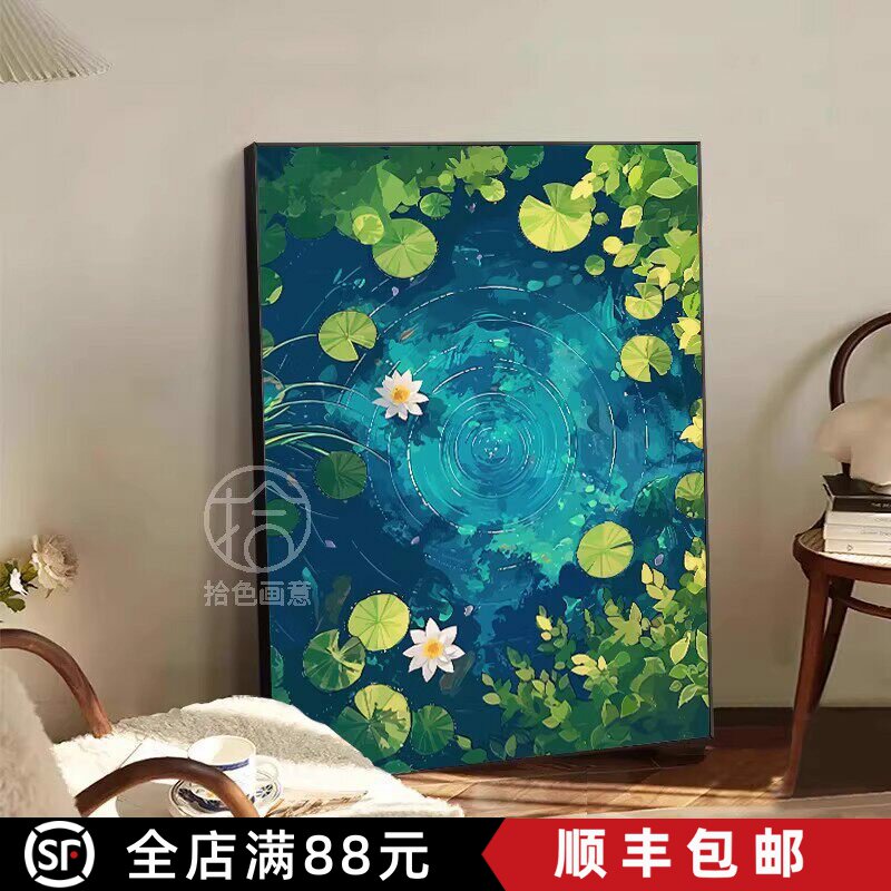 夏日荷花卉睡莲装饰画成品仿油画风景清新静谧唯美卧室客厅摆挂画