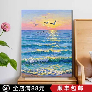 海浪与海鸥简约装饰画成品仿油画风景唯美高级感卧室客厅餐厅挂画