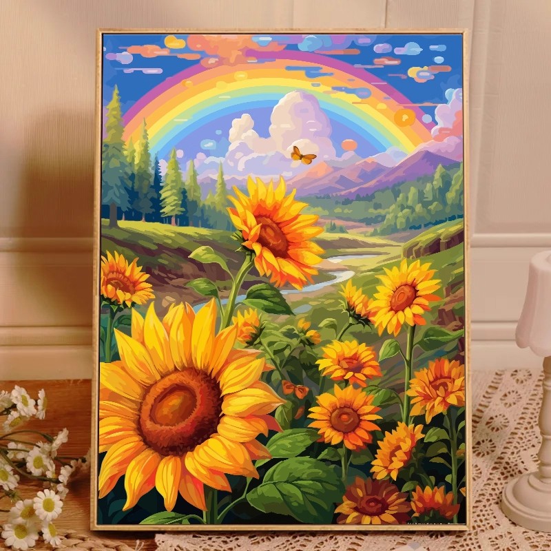 彩虹向日葵田野成品装饰画仿油画风景花卉治愈唯美卧室客厅摆挂画图片