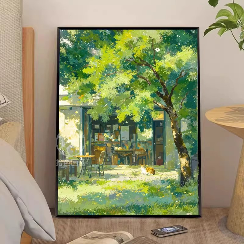 宫崎骏夏天风景仿油画风景成品装饰画治愈猫咪高级卧室客厅摆挂画图片