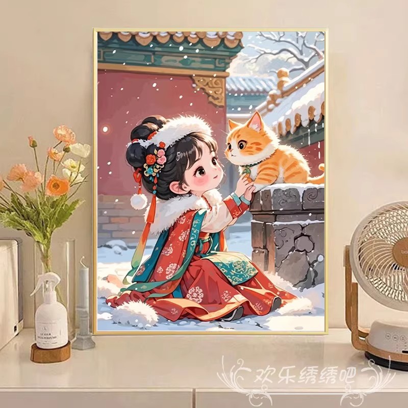 新中式女孩猫咪卡通可爱装饰画成品仿油画风景唯美卧室客厅摆挂画图片
