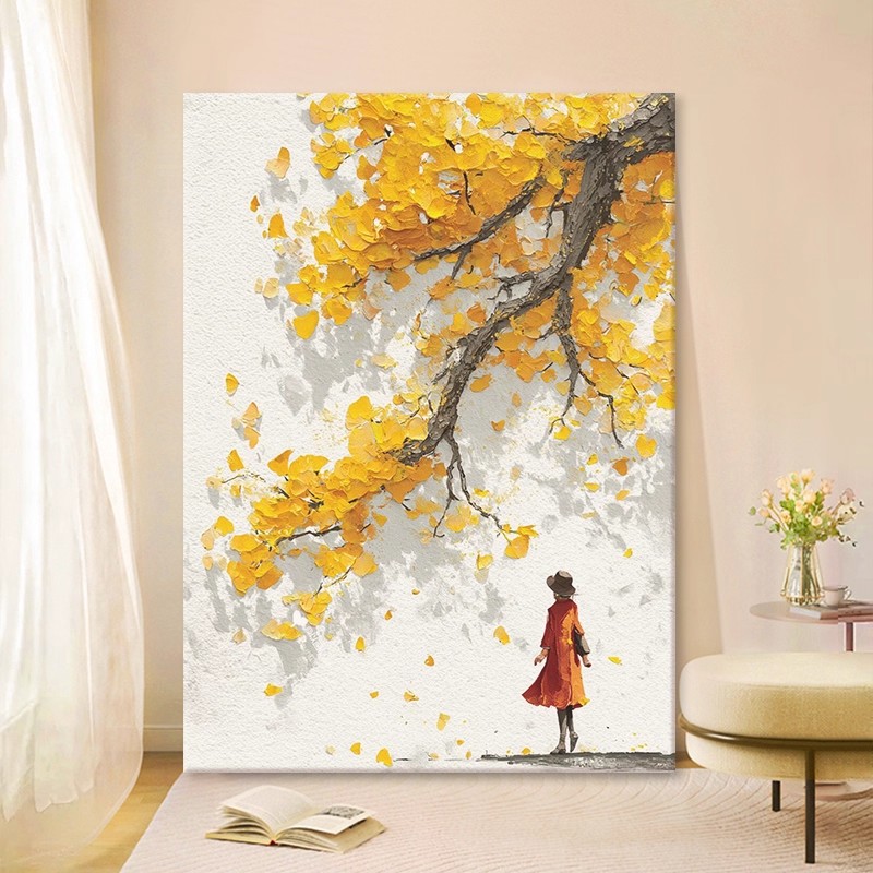 奶油风银杏树人物装饰画成品仿油画风景唯美治愈高级卧室客厅挂画