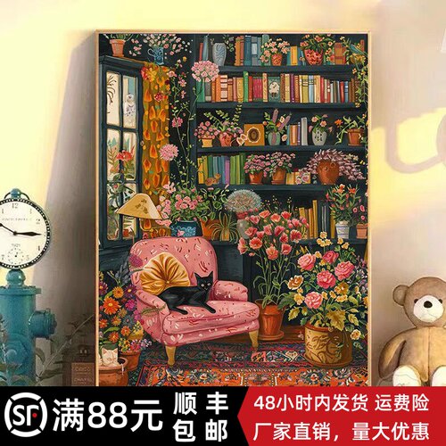 马蒂斯客厅装饰画仿油画涂鸦猫咪抽象成品喷印美式风格卧室挂摆画