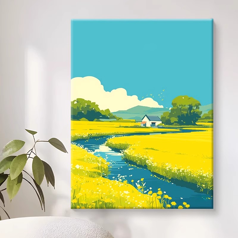 溪边油菜田园装饰画成品仿油画风景唯美治愈小清新卧室客厅摆挂画