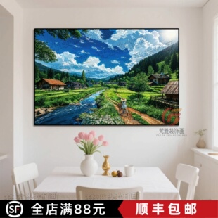 森林山水装饰画横版成品仿油画风景宫崎骏唯美治愈卧室客厅摆挂画
