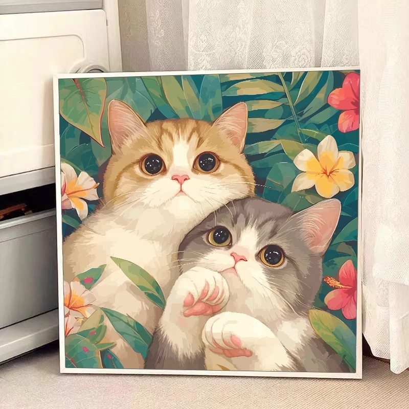 可爱小猫咪装饰画仿油画成品方形可爱动物温馨治愈卧室客他摆挂画图片