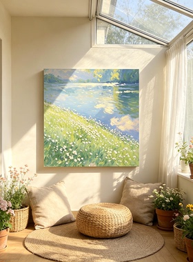 方形水面倒影绿植装饰画仿油画风景唯美清新高级感卧室客厅摆挂画